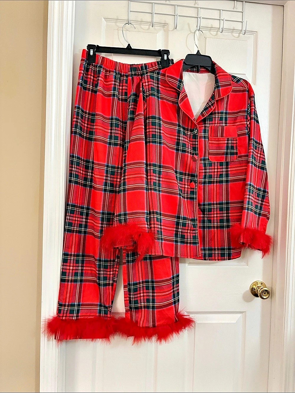 Red & Black Plaid Feather Trim Pajama Set